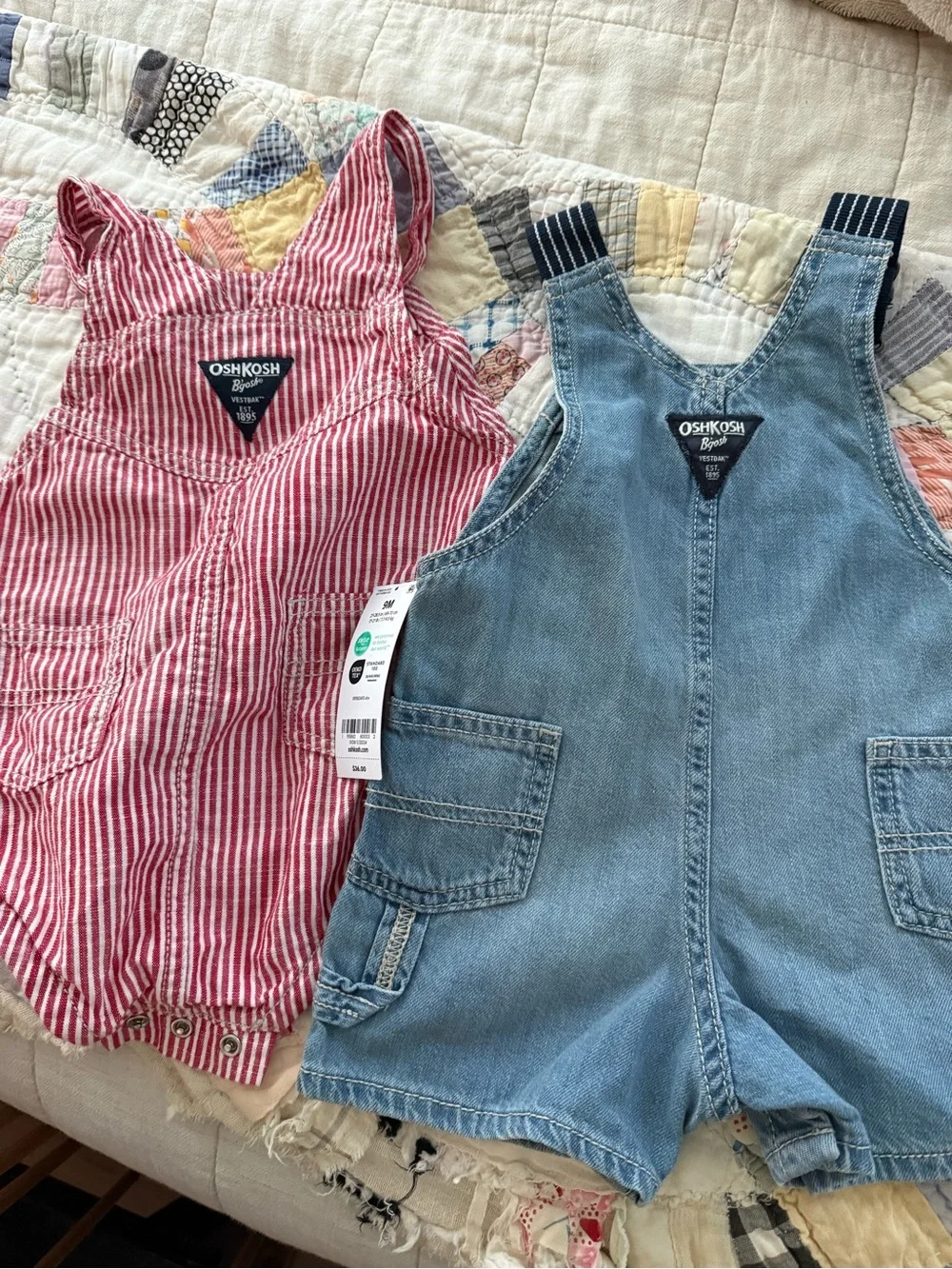 OshKosh B'gosh Red Striped Romper & Light Blue Denim Short Overalls